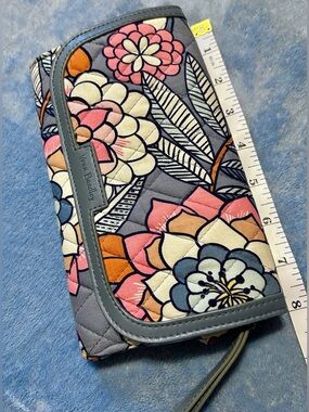 Vera Bradley Gray Floral Quilted Wristlet with Pink & Orange Accents